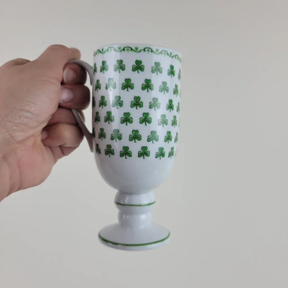 Vintage Irish Coffee Mug Footed Pedestal Green lucky Clover Shamrock 1345, Japan